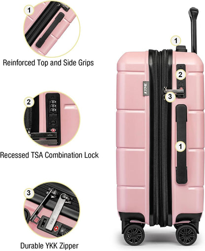 KYME Pink Hardside Expandable Carry On Luggage 22x14x9 Airline Approved 20 Inch Hardshell Carry On Suitcase with Wheels TSA Lock Small Travel Rolling Luggage with Cup Holder for Women