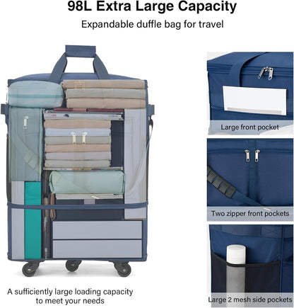 MILADA Expandable Luggage Bags for Travel Foldable Suitcase with Wheels Collapsible Rolling Travel Duffle Bag Lightweight Large Suitcases without Telescoping Handle, Blue