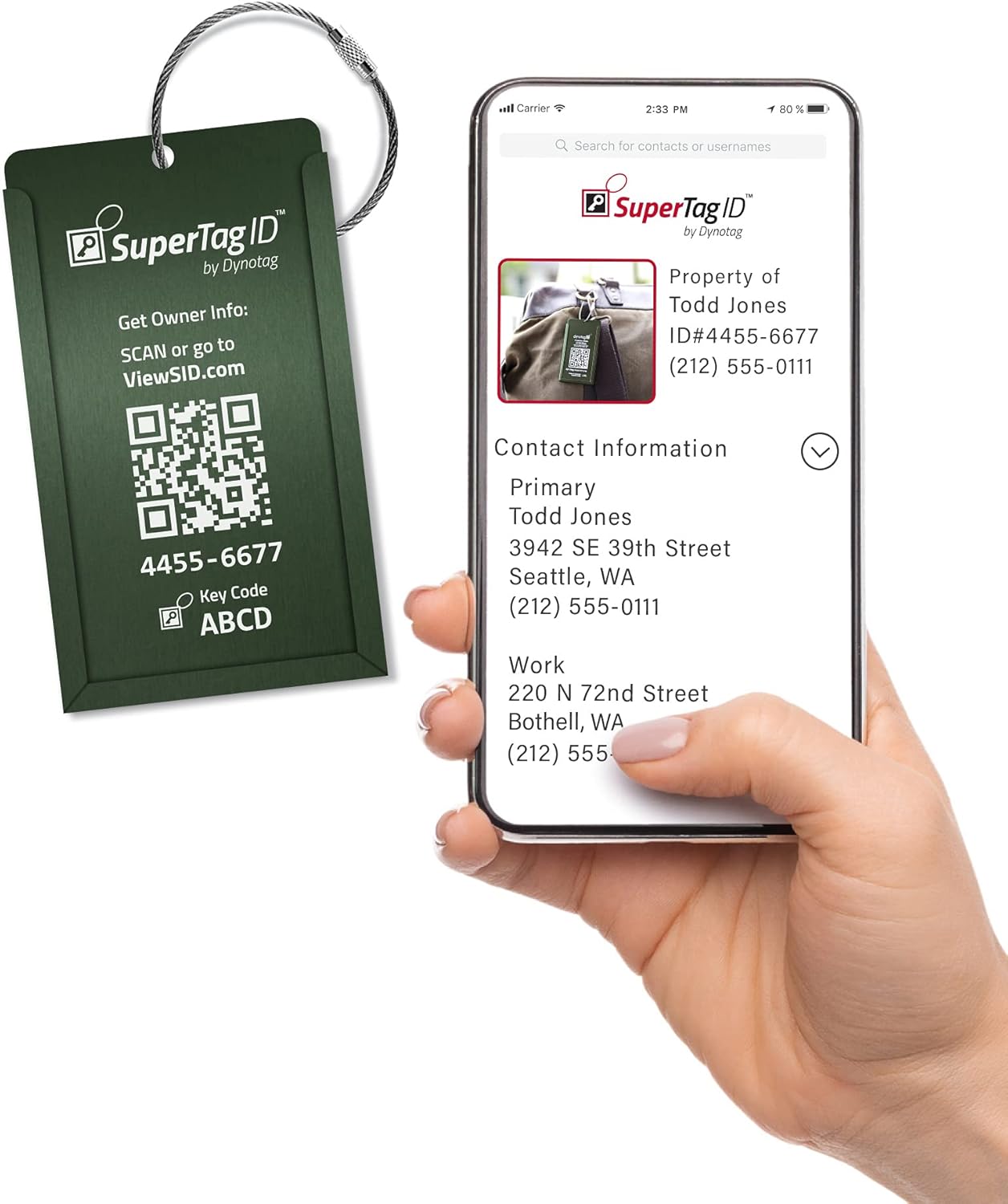Dynotag® Web Enabled Smart Aluminum Convertible Luggage ID Tag + Braided Steel Loop, with DynoIQ™ & Lifetime Recovery Service (Emerald Green)