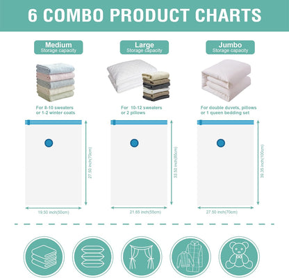 6 Pack Vacuum Storage Bags, Space Saver Bags (2 Jumbo/2 Large/2 Medium) Compression Storage Bags for Comforters and Blankets, Vacuum Sealer Bags for Clothes Storage, Hand Pump Included