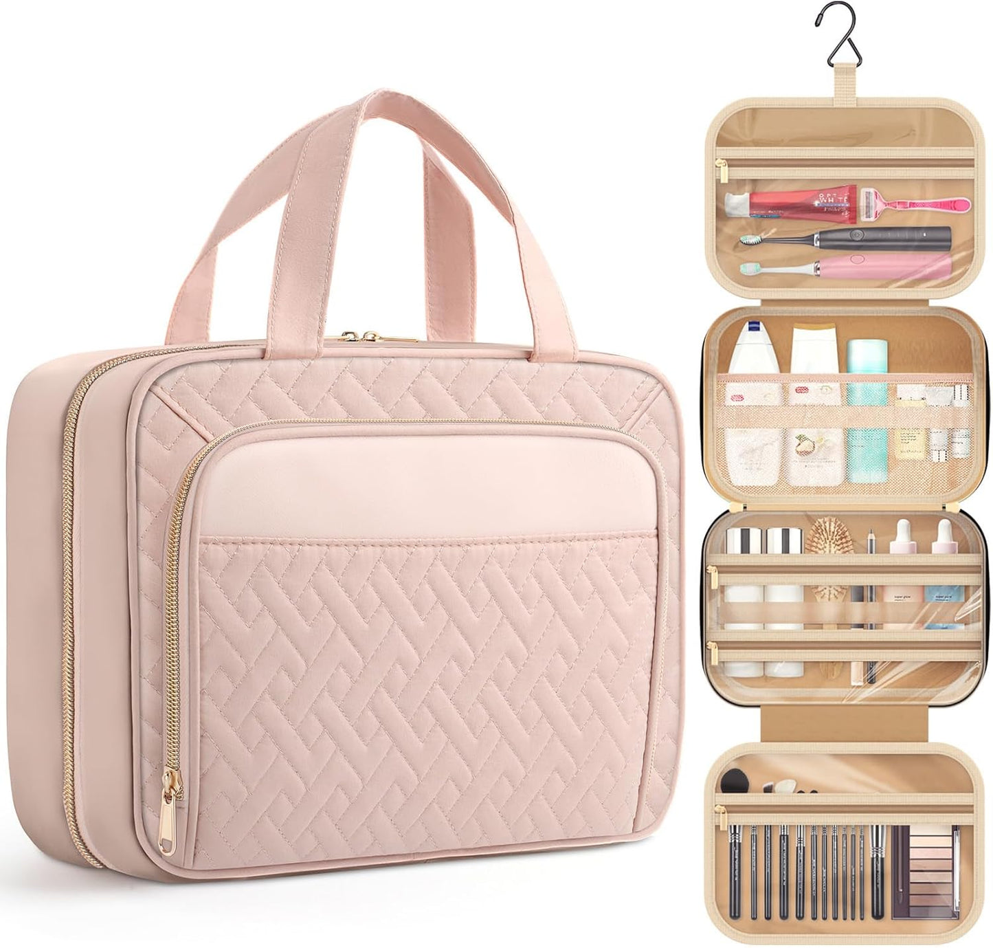 HOTOR Travel Toiletry Bag for Women & Men, Waterproof Makeup Bag with Hanging Hook and Multiple Pockets, Cosmetic Bags for Women, Travel Essentials, 11.2'' x 3.2'' x 8.9'', Pale Pink