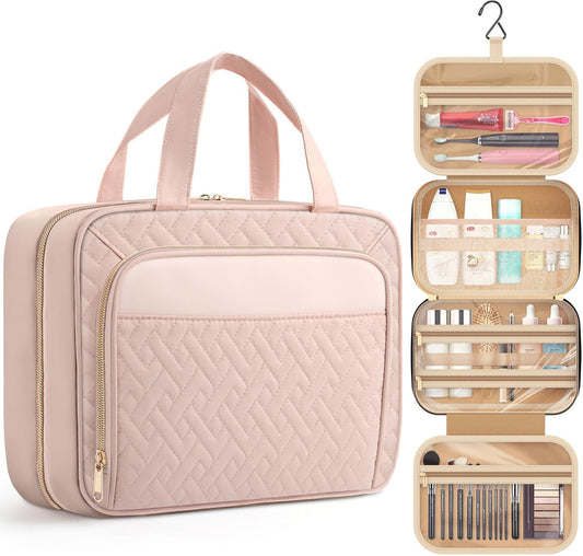 HOTOR Travel Toiletry Bag for Women & Men, Waterproof Makeup Bag with Hanging Hook and Multiple Pockets, Cosmetic Bags for Women, Travel Essentials, 11.2'' x 3.2'' x 8.9'', Pale Pink