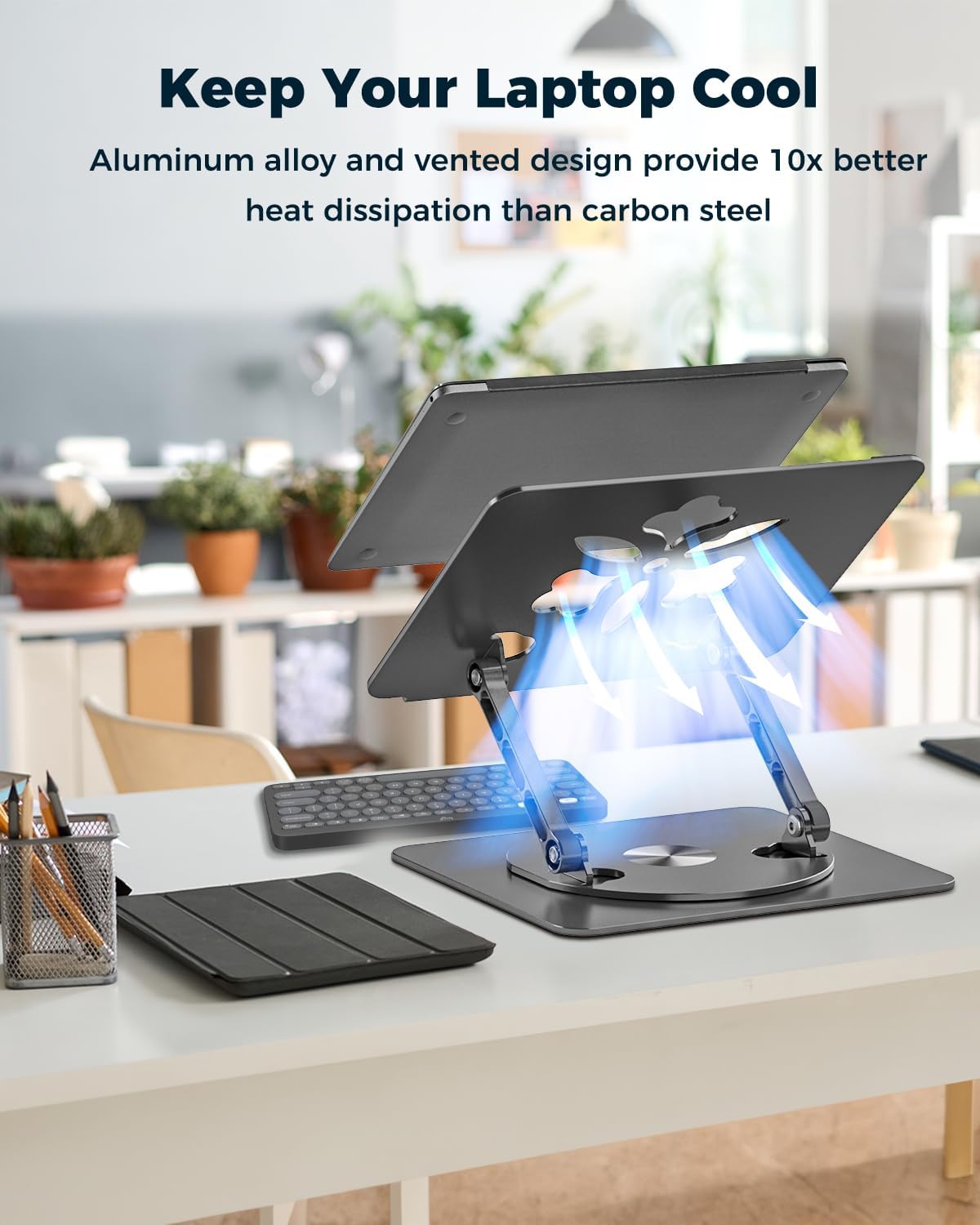 Adjustable Laptop Stand for Desk - Portable Laptop Riser with Rotating Base, Foldable Aluminum Computer Stand, Ergonomic Laptop Holder for MacBook Pro/Air Dell HP Lenovo Notebook up to 15.6", Black