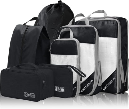 7 Set Compression Packing Cubes for Travel - Compressible, Lightweight, and Space-Saving Packing Cubes, Travel Essentials for Women, Black