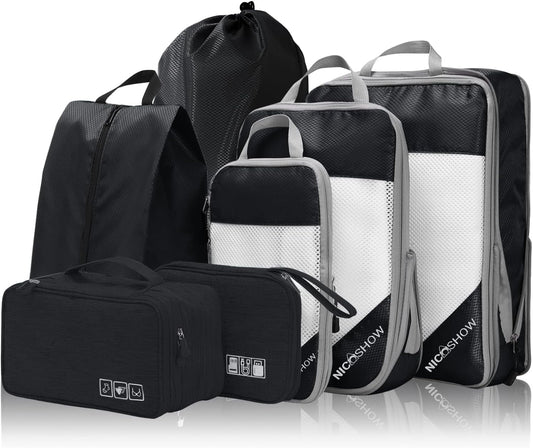 7 Set Compression Packing Cubes for Travel - Compressible, Lightweight, and Space-Saving Packing Cubes, Travel Essentials for Women, Black