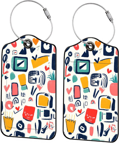 Luggage Tags for Suitcases, 2-Pack PU Leather for Cruise & Travel, Baggage ID Tags with Privacy Cover & Address Card, Durable Metal Ring, Kids Adults Travel Accessories, Abstract Doodles