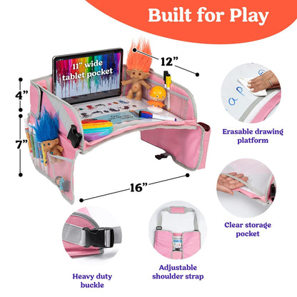 PILLANI Kids Travel Tray for Car - Car Seat Tray for Kids Travel, Road Trip Essentials Must Haves - Carseat Table Roadtrip Activities - Toddler Lap Desk Organizer for Airplane - Pack of 2, Pink