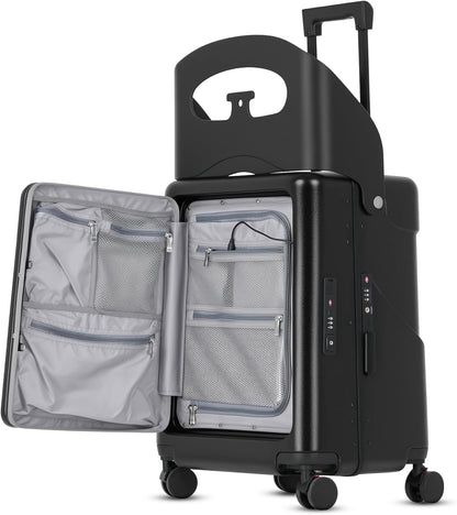 22" Ride On Luggage with Seat for Kids & Adults, Lightweight Hardside Ride-On Suitcase with Front Opening, TSA Lock, 360° Spinner Wheels, Black