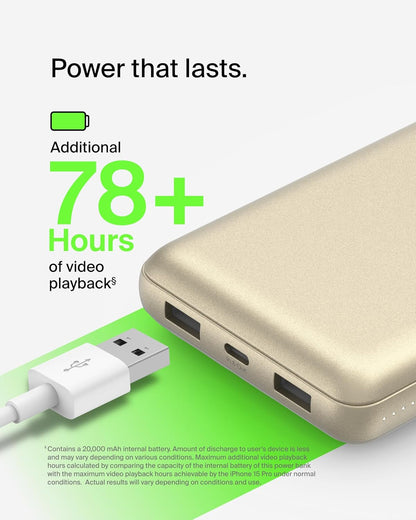 Belkin Portable Charger, USB-C Power Bank 20000 mAh w/ 2xUSB-A Ports, 15W w/Type-C to Type-A Cable for iPhone 16, 15, Samsung Galaxy S25, Pixel, iPad, Nintendo Switch 2, Google Pixel 10, etc. - Gold