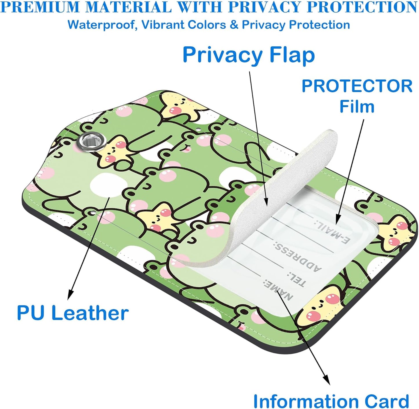 Cute Frog Luggage Tags for Suitcases Leather Travel Tags for Luggage ID Label with Privacy Cover and Stainless Steel Loop for Men Women Suitcase Backpack, Set of 2