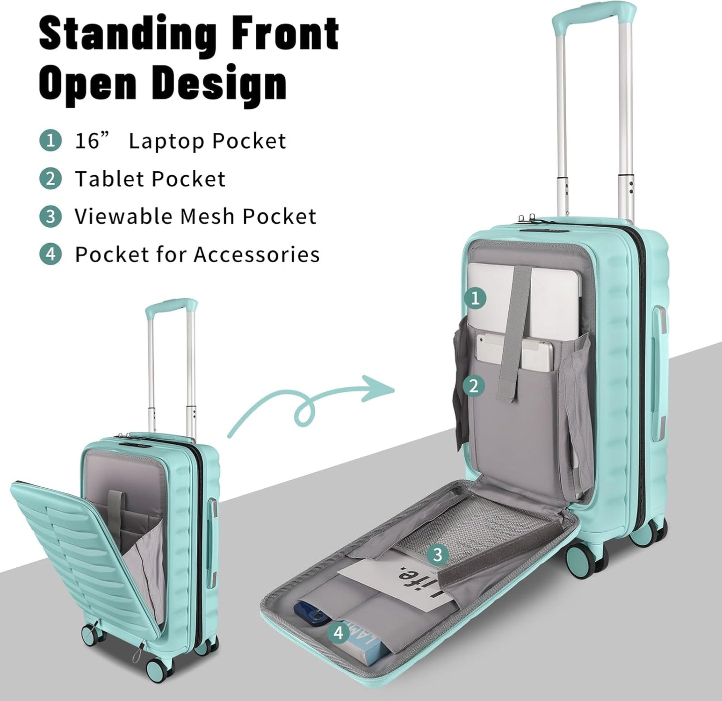 22×14×9 Airline Approved Carry On Luggage with Front Open Pocket Expandable, Spinner Wheels, ABS+PC Hardshell Small 20inch Suitcase with Protective Cover and Luggage Tag, Mint Green