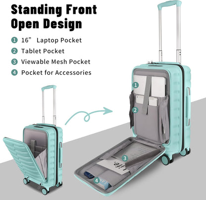 22×14×9 Airline Approved Carry On Luggage with Front Open Pocket Expandable, Spinner Wheels, ABS+PC Hardshell Small 20inch Suitcase with Protective Cover and Luggage Tag, Mint Green