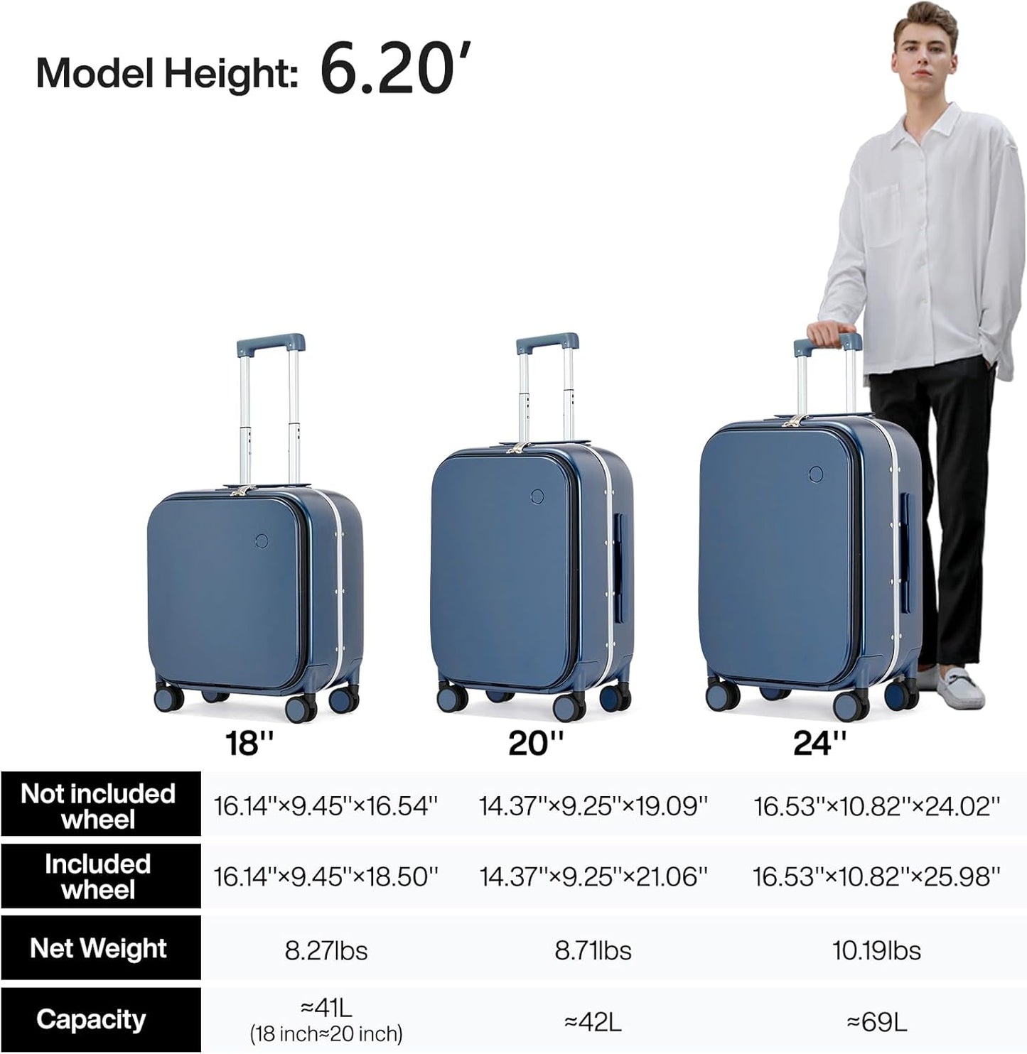 mixi Carry On Luggage, 20'' Suitcase with Front Laptop Pocket, Travel Rolling Luggage Aluminum Frame PC Hardside with Spinner Wheels & TSA Lock and Cover - Sapphire Blue