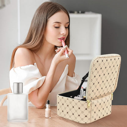 Travel Makeup Bag With 360° rotating LED Mirror,Waterproof cosmetic organizer,Portability Cosmetic case,Makeup organizer,Gift for Women,Girls Gift (Beige + Brown)