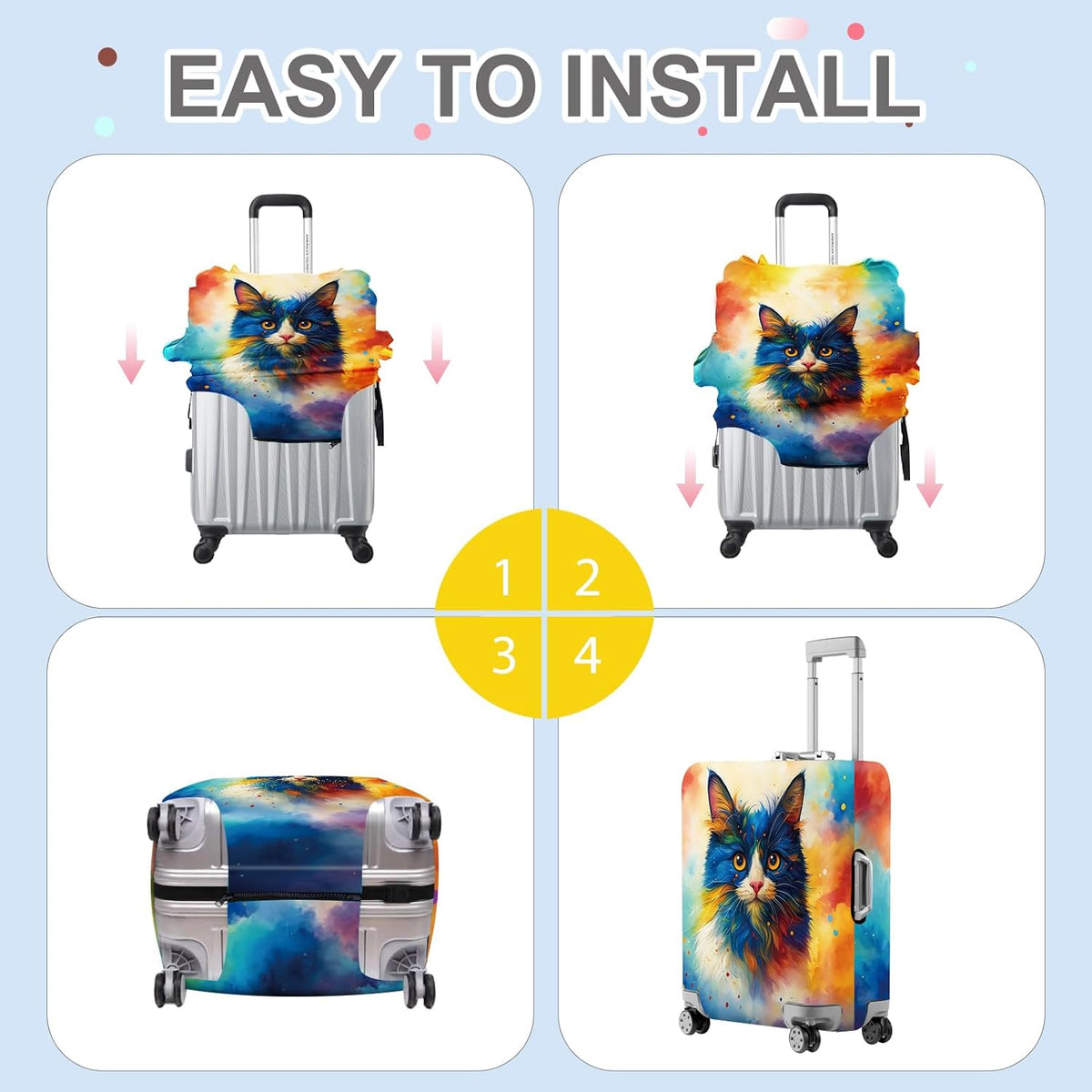 ANNA QUEEN Colorful Cat Luggage Cover, Artistic Blue Cat Design with Rainbow Colors, Stretchable, Washable Travel Sleeve for 24-26 Inch Suitcases