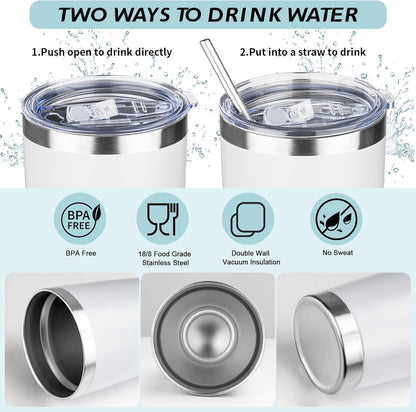 20oz Tumbler with Straw and Brush, Stainless Steel Vacuum Insulated tumbler, Double Wall Insulated Coffee Tumbler for Outdoor, Home, Travel,Office (White,1pcs)