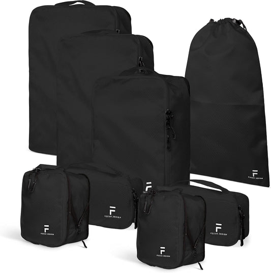 8 Piece Compression Packing Cubes Set - Double Capacity Design for Travel - Small, Medium & Large Sizes - Carry-On Suitcase Organizer Bags (Black)