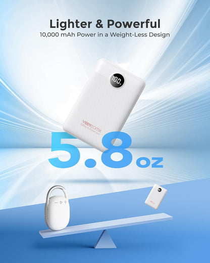VEEKTOMX Small Portable Charger, Mini Power Bank 10000mAh, PD 22.5W Fast Charging USB-C Battery Bank, Travel Essentials Dual Voltage External Portable Powerbank for iPhone/Samsung/Google Pixel, White