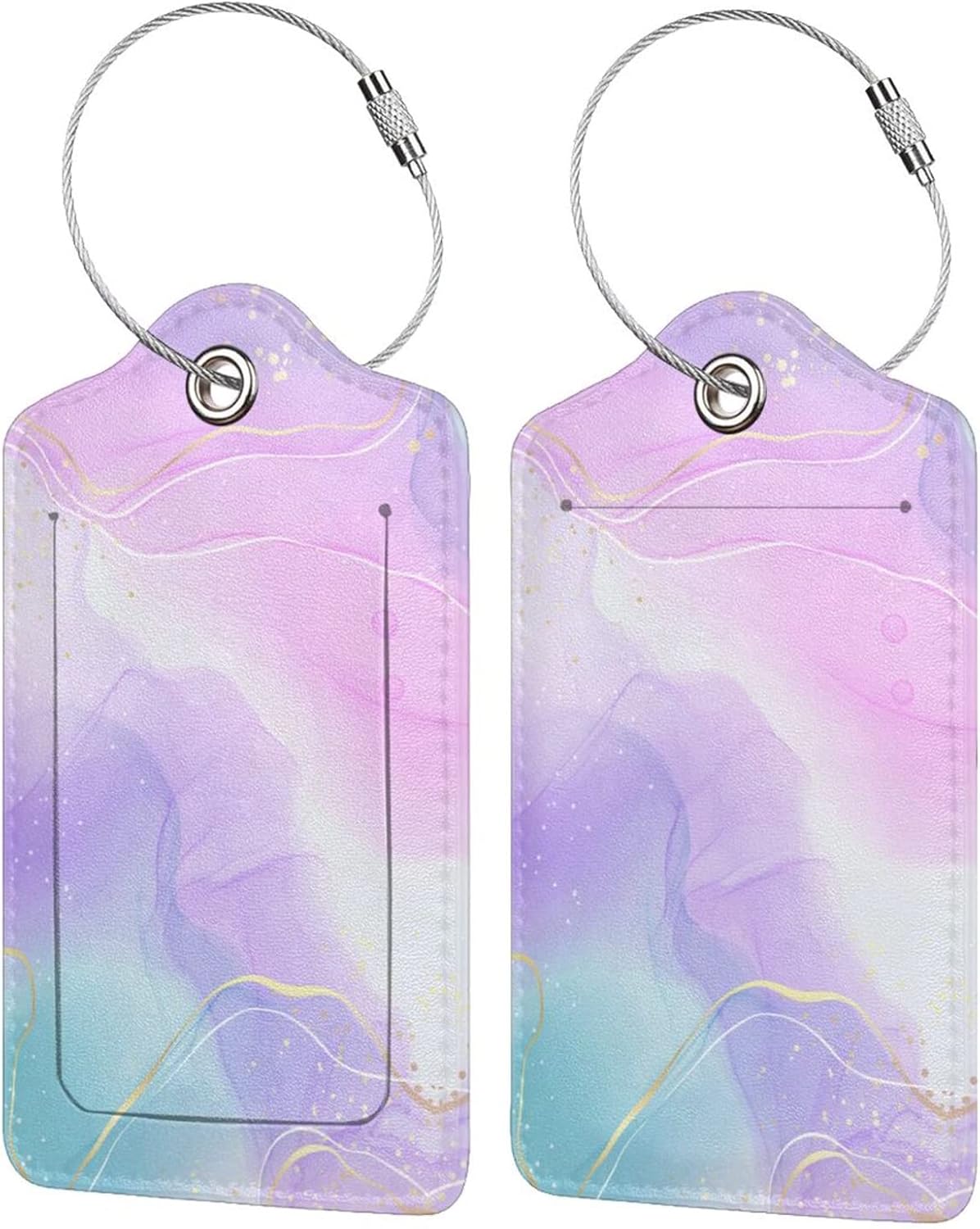 Pink Luggage Tags 2 Pack for Girls Women, Watercolor Light Purple and Cyan Blue Background Leather Suitcase Tags Identifiers, Cute ID and Name Labels with Privacy Covers for Backpack Travel Bag