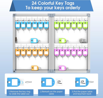24 Slots Key Box Wall Mount with Code, Key Lock Box with Combination, Key Storage Box with Key Hooks & Tags & Lables, 8.45" x 2.55" x 13" (Silver-Code Lock, 24 Keys)