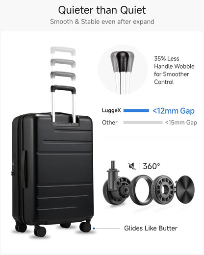 LUGGEX Checked Luggage with Spinner Wheels, FLO5 Expandable Polycarbonate Hard Shell Suitcase with TSA Approved Lock (FX-Core, Black, 24 Inch)
