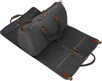 2 in 1 Canvas Leather Suit Luggage Garment Bag with Shoulder Strap for Travel and Business Trips (Black)