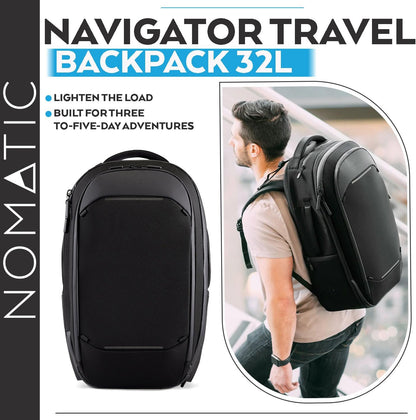 NOMATIC Navigator Travel Backpack - 32L Backpack with Laptop Compartment and 9L Built-In Expansion - Anti-Theft Carry-On Backpack for Travel - Water Resistant Travel Pack (Black)