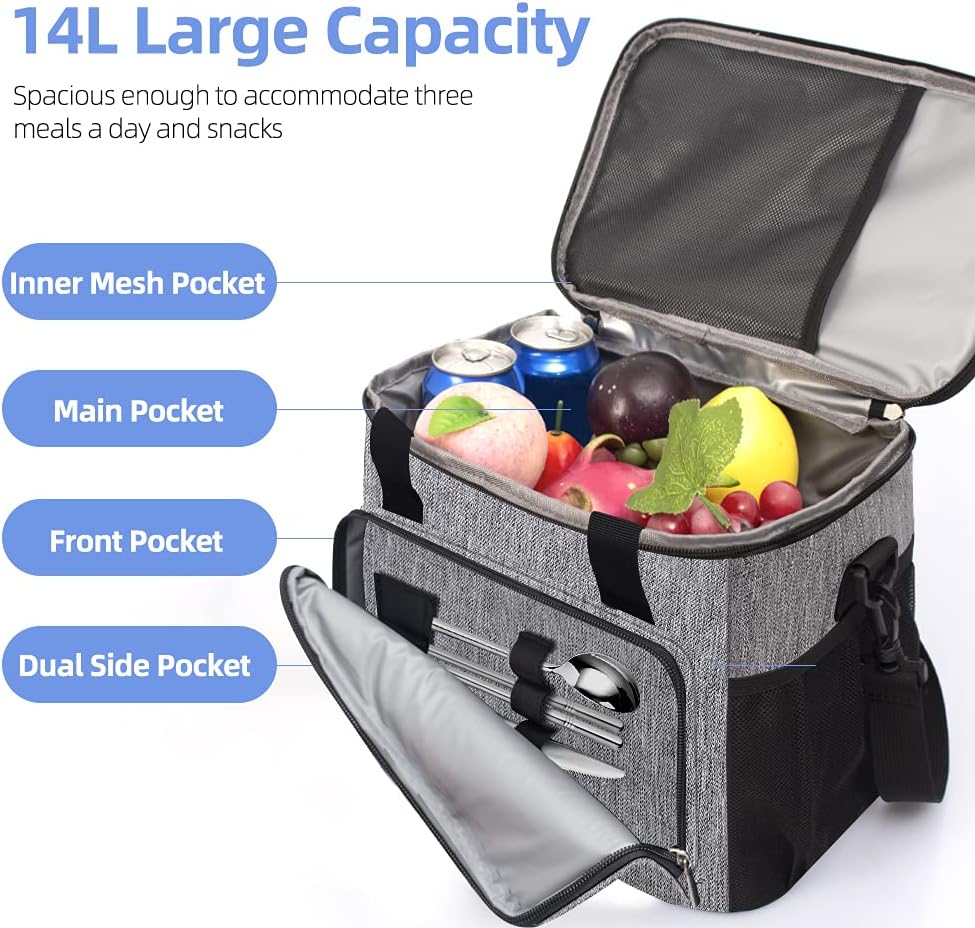 iknoe Thickened Lunch Bag - Soft Coolers Insulated, Leak Proof Tote with Zippered Top - Great for Work, Picnic, Beach - 18-Can Capacity, Grey