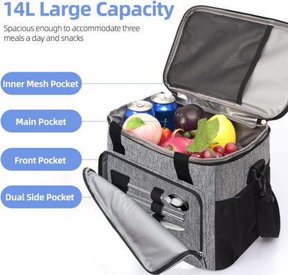 iknoe Thickened Lunch Bag - Soft Coolers Insulated, Leak Proof Tote with Zippered Top - Great for Work, Picnic, Beach - 18-Can Capacity, Grey