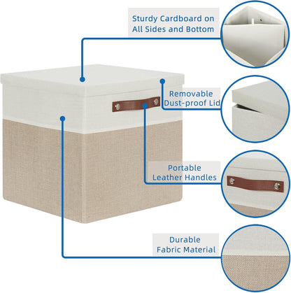Temary Fabric Storage Bins with Lids 13 Inch Storage Cubes with Lid, Decorative Foldable Storage Boxes for Clothes, Closet Organizers (White&Khaki, 13x13x13inch)