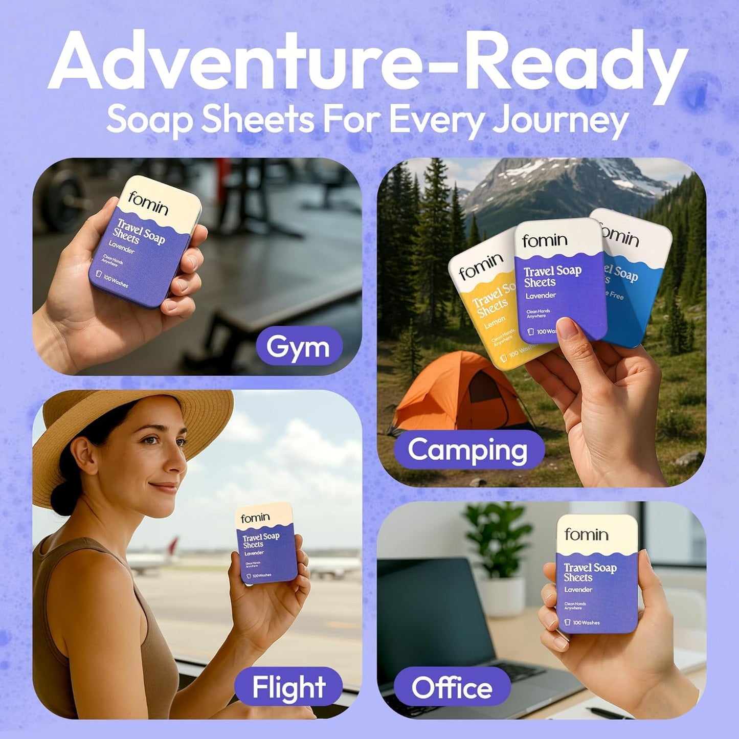 FOMIN - Antibacterial Paper Soap Sheets Tin for Traveling - (300 Sheets) Lavender - Portable Travel Hand Soap Sheets, Dissolvable Mini Camping Hand Soap for Hand Washing