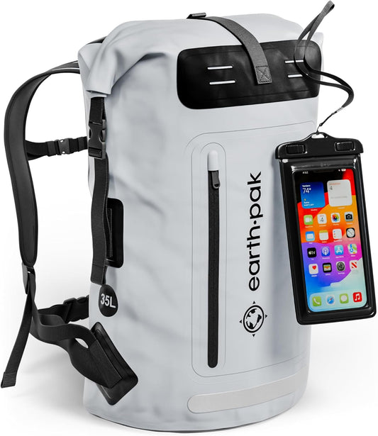 Earth Pak Waterproof Backpack - Heavy Duty Hiking Backpack - Roll-Top Closure Bag - Cushioned Dry Bag Waterproof Phone Case