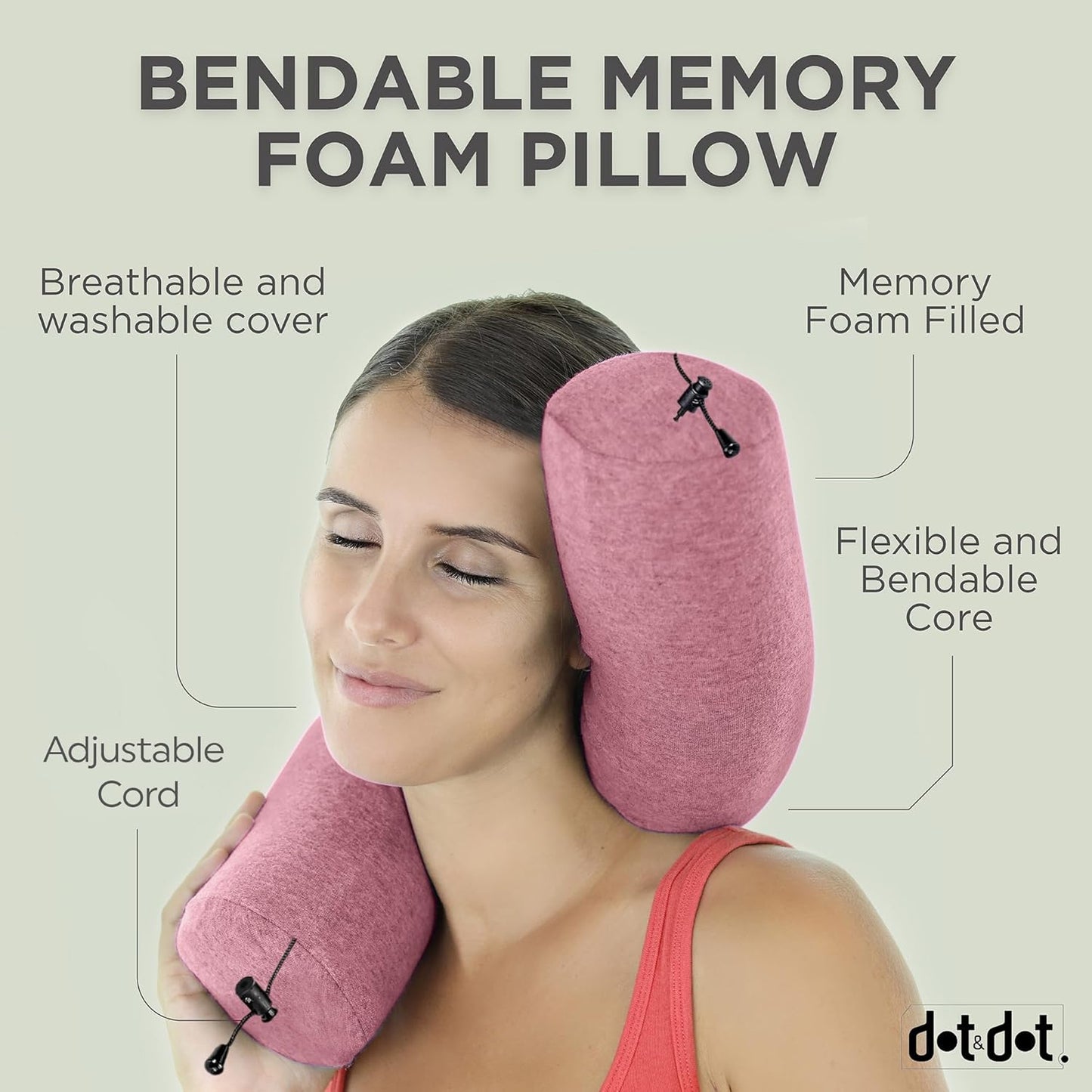 Dot&Dot Twist Memory Foam Travel Pillow for Airplanes - Travel Neck Pillow for Sleeping - Airplane Pillow for Neck Support, Chin, Lumbar and Leg - Adjustable, Bendable Neck Roll Pillow