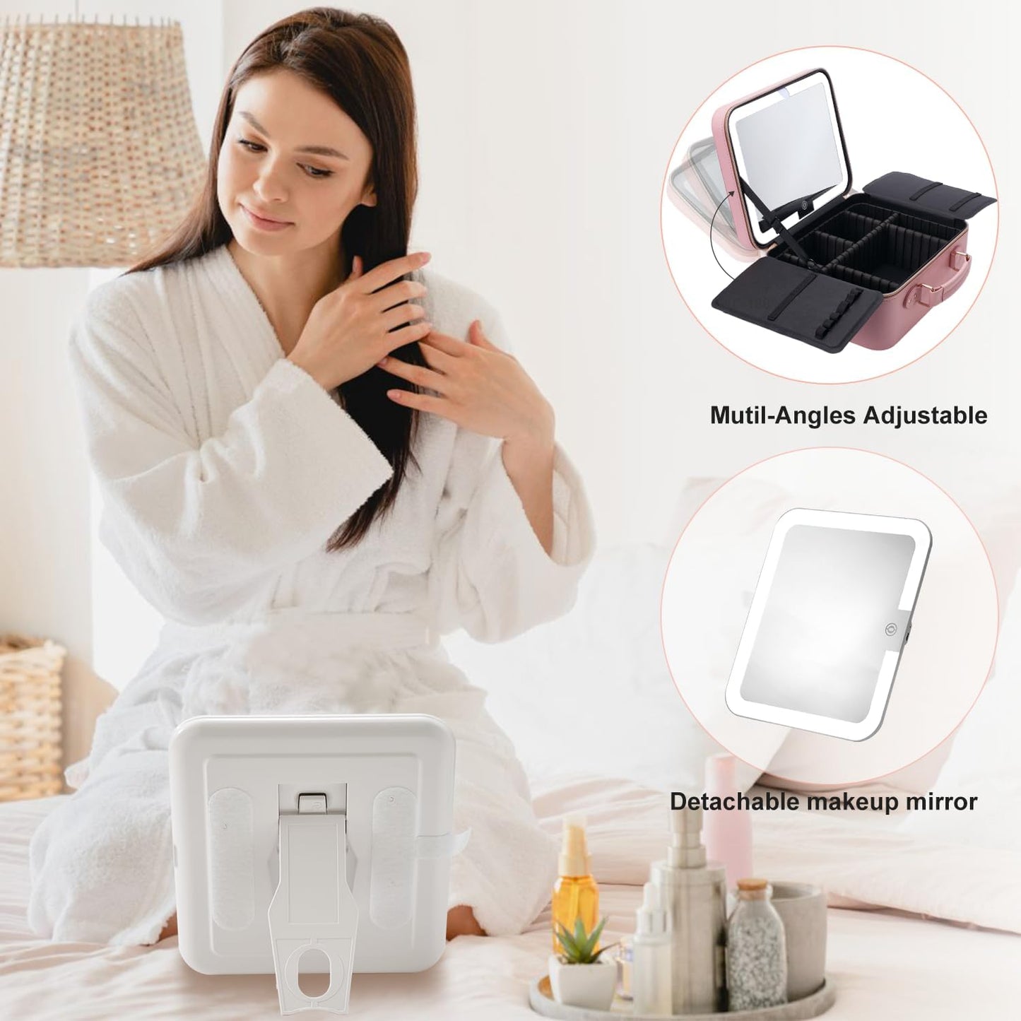 Mocado Travel Makeup Bag with LED Lighted Mirror,Makeup Case with 3 Color Lighted Setting and 10x Magnifying Mirror, Portable Storage and Adjustable Dividers (Pink with Hard Leather)