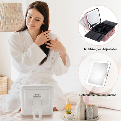 Mocado Travel Makeup Bag with LED Lighted Mirror,Makeup Case with 3 Color Lighted Setting and 10x Magnifying Mirror, Portable Storage and Adjustable Dividers (Pink with Hard Leather)