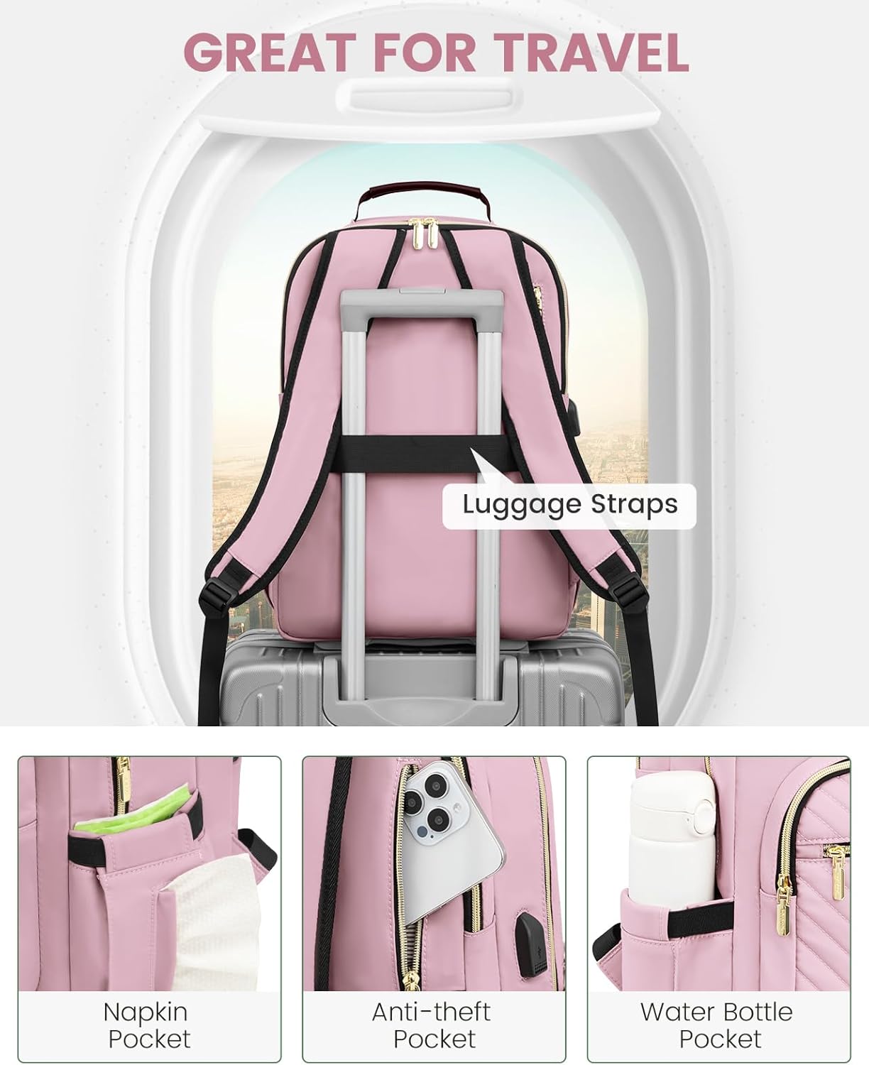 LOVEVOOK Laptop Backpack for Women, Travel Computer Work Bags with 17-inch Laptop Compartment, College School Student Bag Teen Backpacks For Girls, Outdoor Carry On Backpack Purse, Light Pink