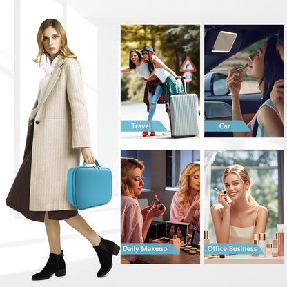 Travel Makeup Bag for Makeup Artists Large Makeup Case,with Mirror 3 Color Setting and Detachable 10x Magnifying Mirror Travel Makeup Bag,Portable Storage and Adjustable Dividers（blue）