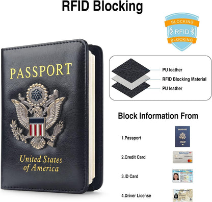 Passport Holder for Travel Passport Cover for Men Passport Wallet Case With 3D Metal Badge Protector Leather Card Case RFID Blocking Women Travel Accessories Document Organizer (Black)