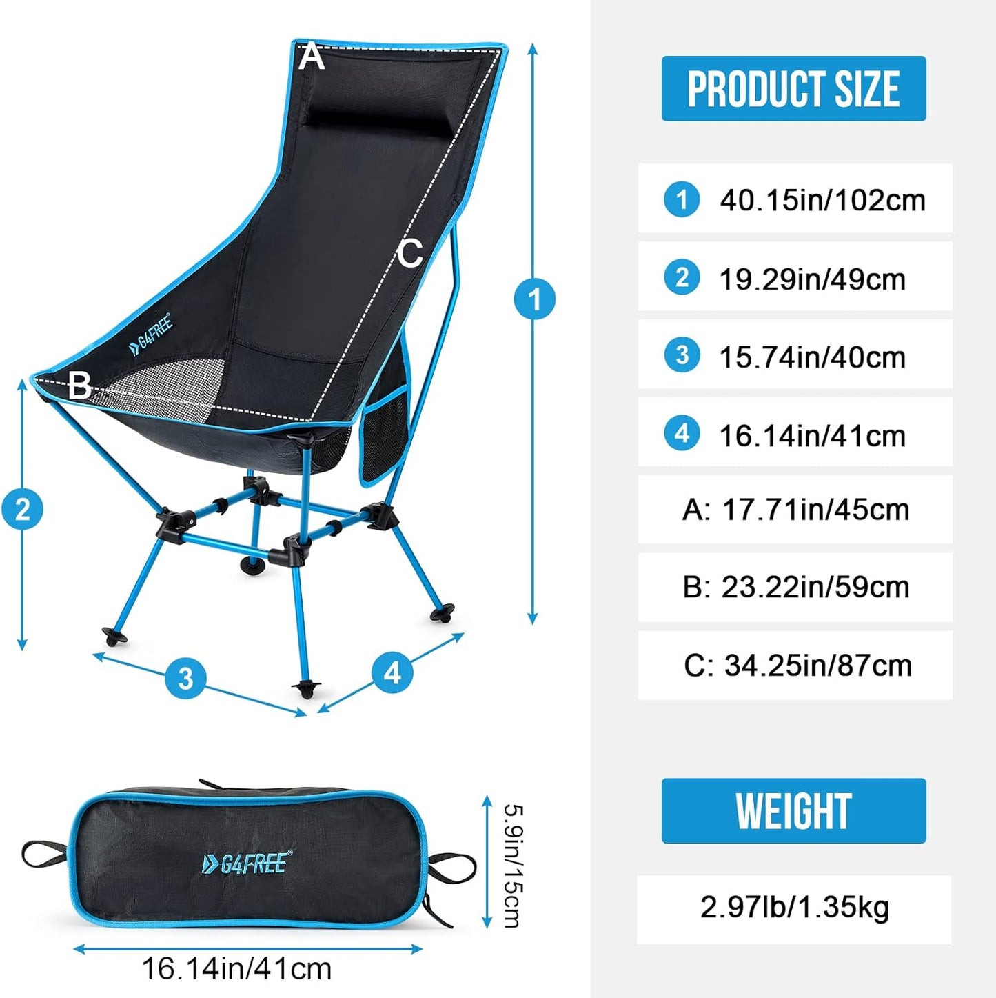 G4Free Lightweight Portable High Back Camp Chair, Folding Chair Lawn Chair Heavy Duty 330lbs with Headrest & Pocket for Outdoor Camp Travel Beach Hiking