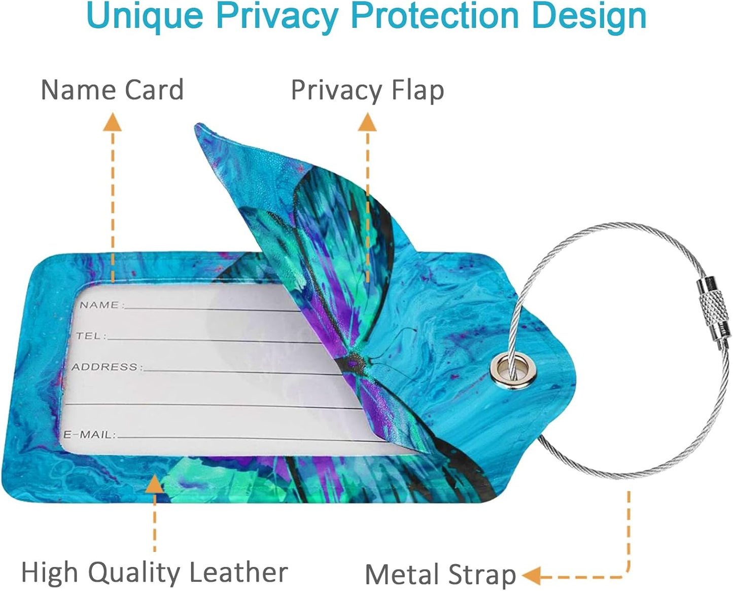 2 Pack Luggage Tag for Suitcase, Cute Unique Leather Suitcase Tags Identifiers with Privacy Name Address Labels & Durable Steel Loop for Women Men Travel