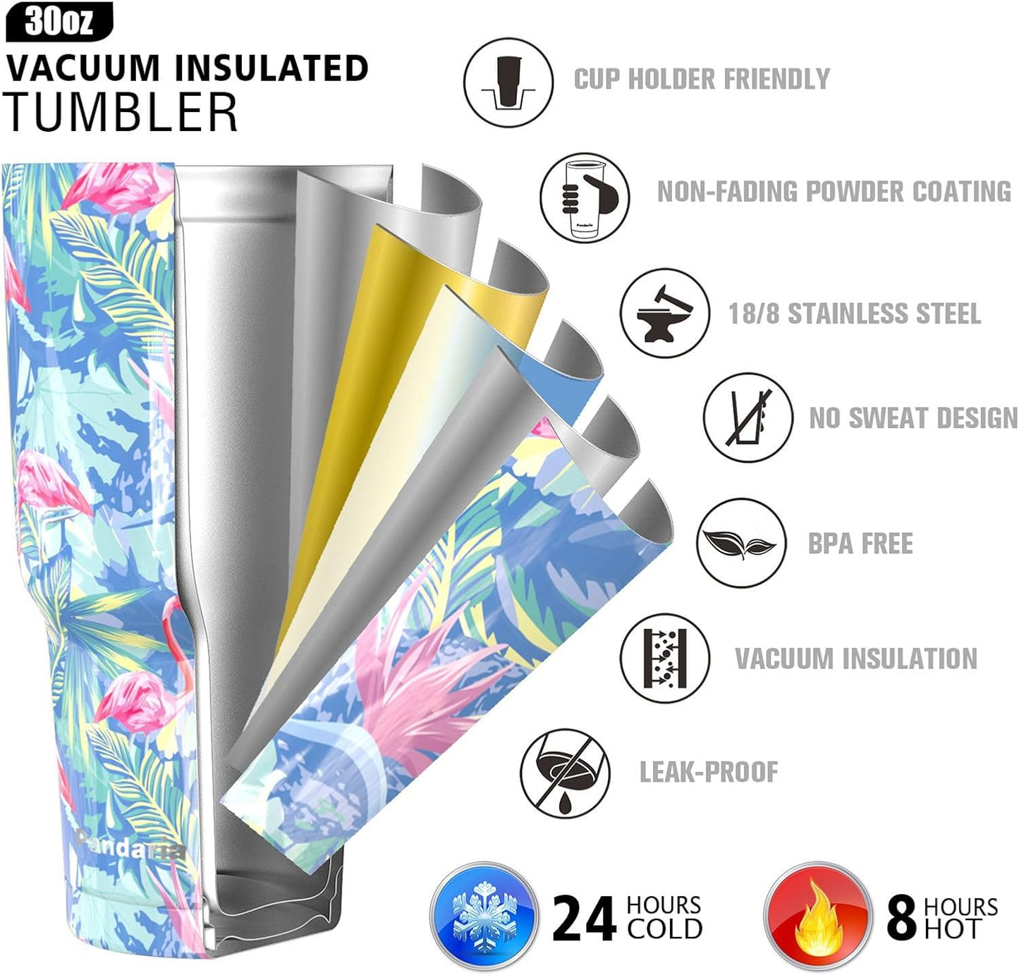 30 oz Spill Proof Tumbler with Handle, 100% Leak-Proof, Cupholder Friendly Insulated Cup with Straw, Double Wall Powder Coated Stainless Steel Tumbler, Ideal Gift for All Occasions (Flamingo)