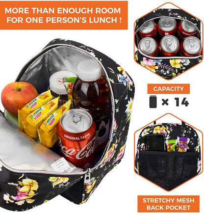 opux Lunch Box for Girls Boys Kids, Insulated Leakproof Lunch Bag, Reusable Teen Lunch Boxes for School, Medium Large lunchbox for Women Men Adult for Work with Front Back Pocket (Floral Black)