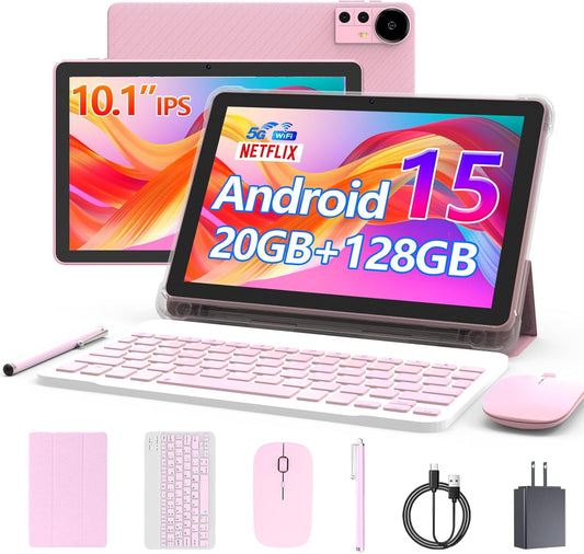 Android 15 Tablet 10 Inch, 20GB RAM+128GB ROM/2TB Expandable, 2 in 1 Tablets with Keyboard Case Mouse Stylus, 2.0GHz Quad-core Processor, 1280*800 IPS HD Screen, 5G WiFi6 BT 5.0, 8MP Camera Tableta PC