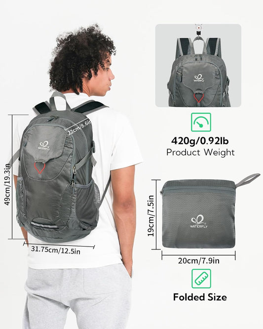 WATERFLY Lightweight Packable Hiking Backpack: 30L Foldable Travel Daypack Ultralight Camping Day Pack for Woman Man