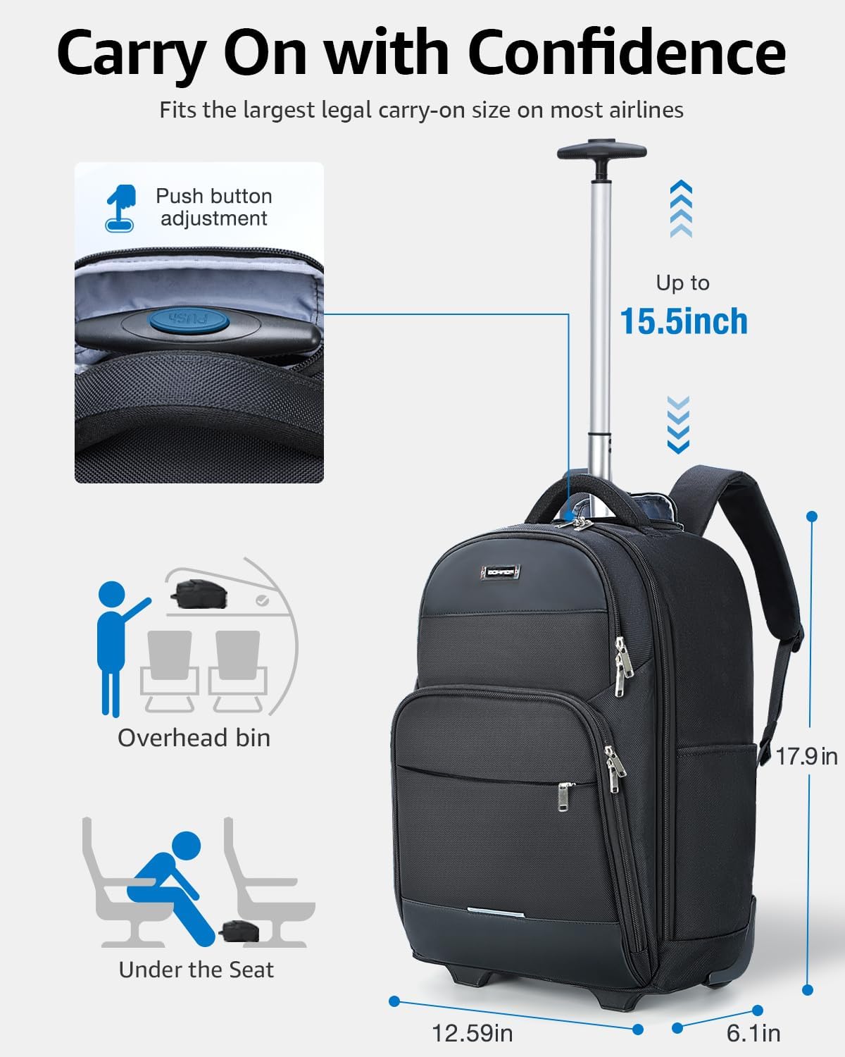 Rolling Backpack, 30L Travel Laptop Backpack with Wheels, 15.6 Inch Roller Carry on Luggage with USB Charging Port, Flight Approved Personal Item Wheeled Suitcase for Men Women Adults, Black