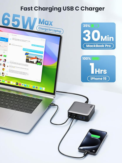 USB C Charger Block 200W[2025 Upgraded] GaN III 6 Port Fast Charging Station Hub,PD 65W USB C Laptop Charger Compatible with MacBook Pro/Air,iPad,iPhone 16/15,Galaxy S23/S24 Steam Deck Dell XPS etc