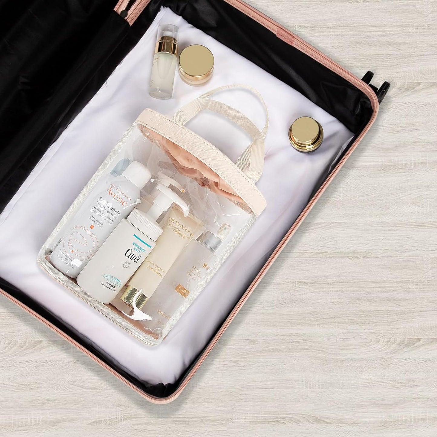 Travel Toiletry Bag, Clear Makeup Bag for Women, TSA Approved Toiletry Bag, Waterproof Clear Bag Cosmetic Pouch, Transparent Makeup Organizer, Carry on Airport Airline Compliant, Beige