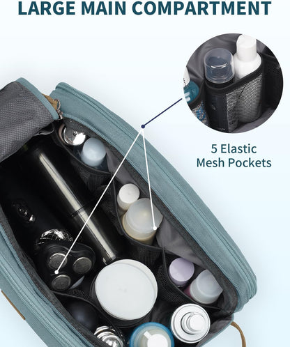 WANDF Toiletry Bag for Men Travel Toiletry Organizer Canvas and Leather Dopp Kit Water-Resistant Shaving Bag for Travel Accessories (Pale Blue, Large)