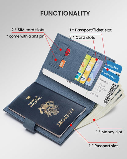 RFID Slim Passport Holder for Man & Women, Compact Leather Passport Wallet with Card Holders SIM Slots, Zippered Coins Pocket and Cash Holder Travel Passport Cover Case, Dark Blue