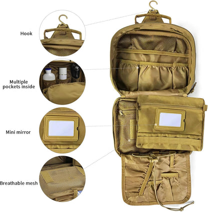 Toiletry Bag for Men Travel, Men's Hanging Toiletry Bag, Portable Dopp Kit Organizer with Hook - Shaving Bag, Tactical Travel Essentials Khaki（No molle）